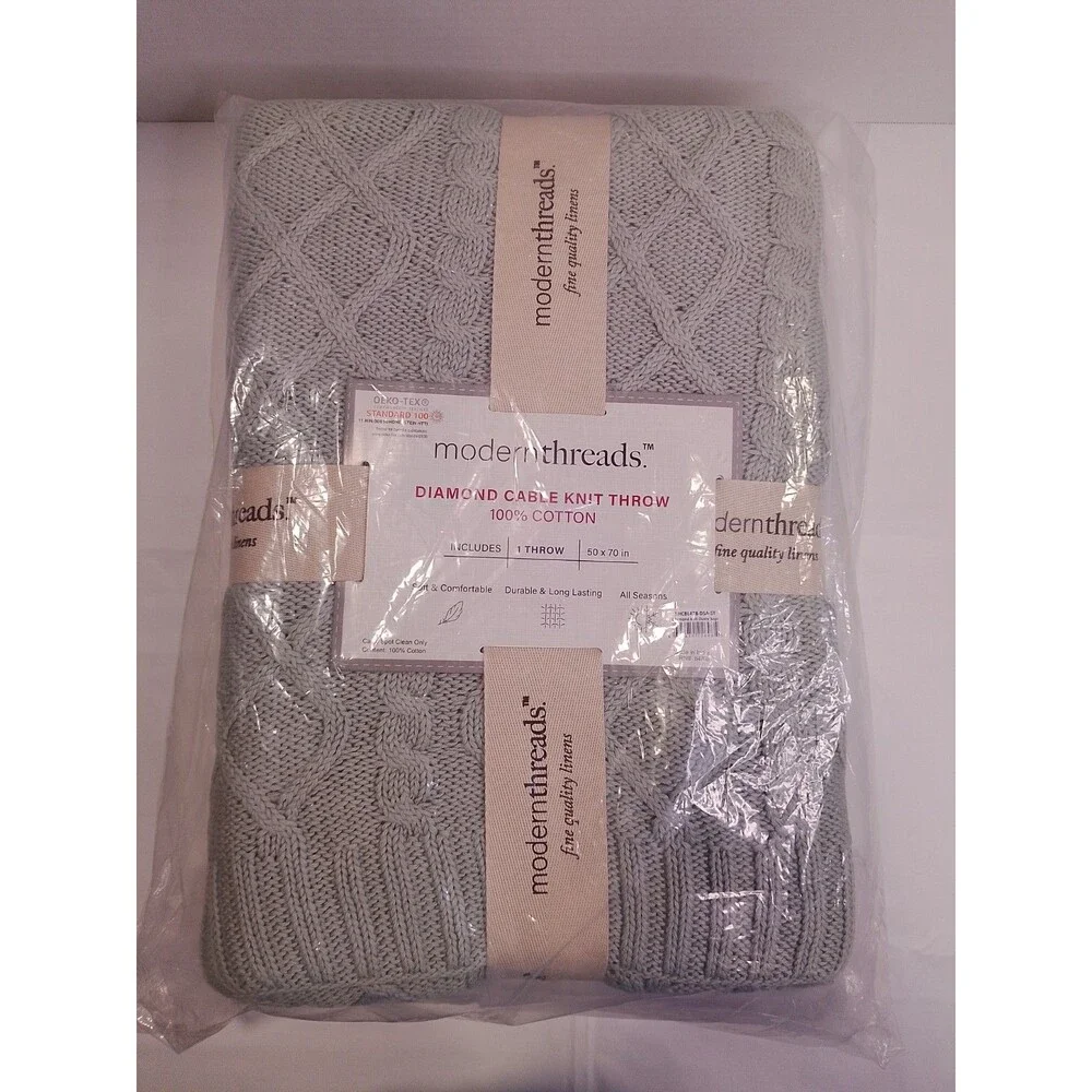Modern Threads 100% Cotton Diamond Cable Knit Throw Blanket 50x70 Dusty Sage NWT